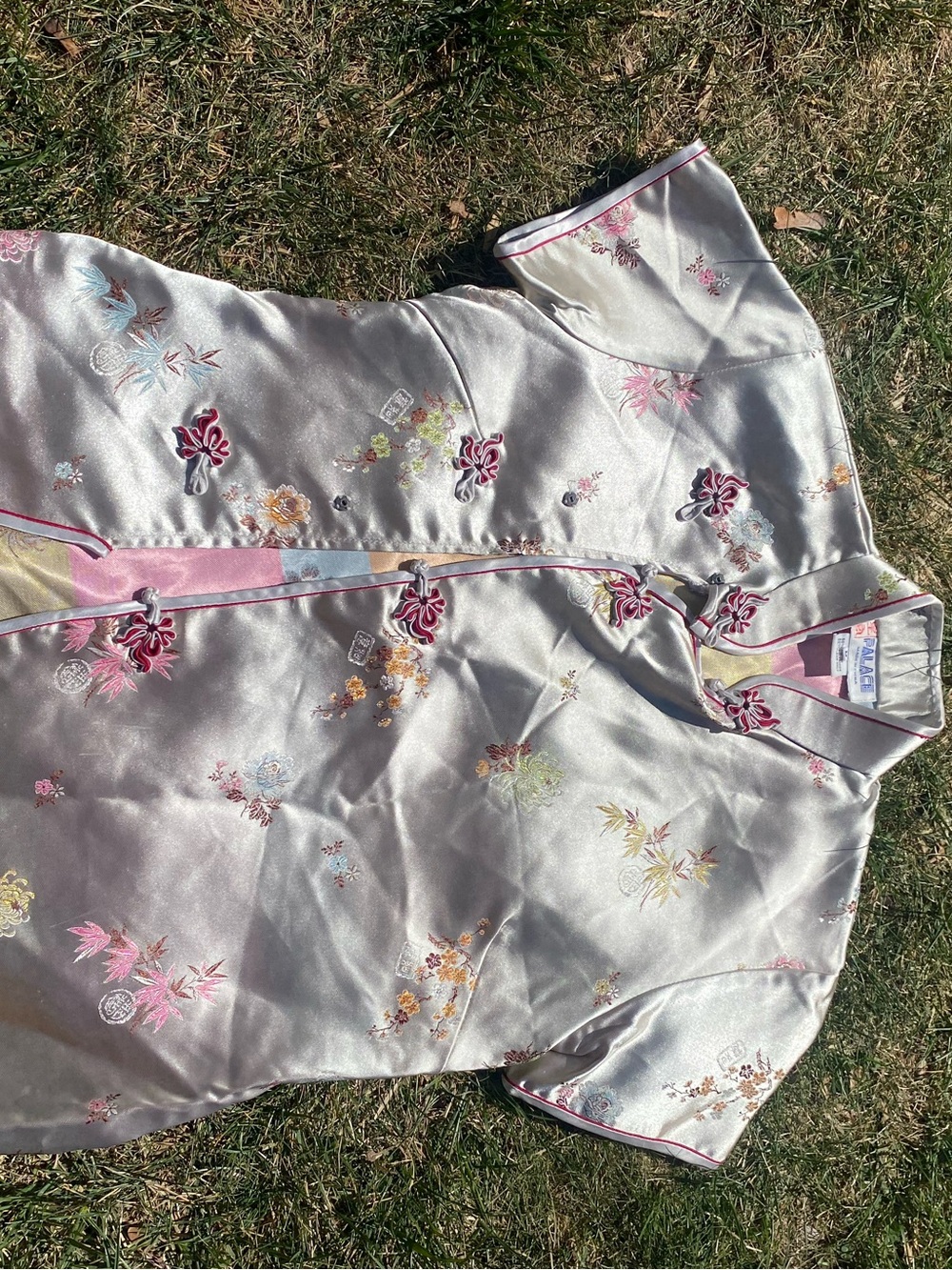 PALACE Silver Satin Floral top with Pink Trim